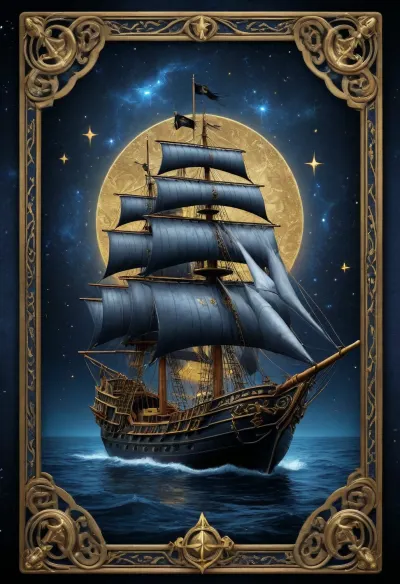 Tarot Card Style, starry bakground DARK blue BACKGROUND, black pirate ship, sparkle, border gold, celtic knot, masterpiece, official art, <lora:DUSK_XL_TAROTCARD_dadapt_cos_5e4:.8>