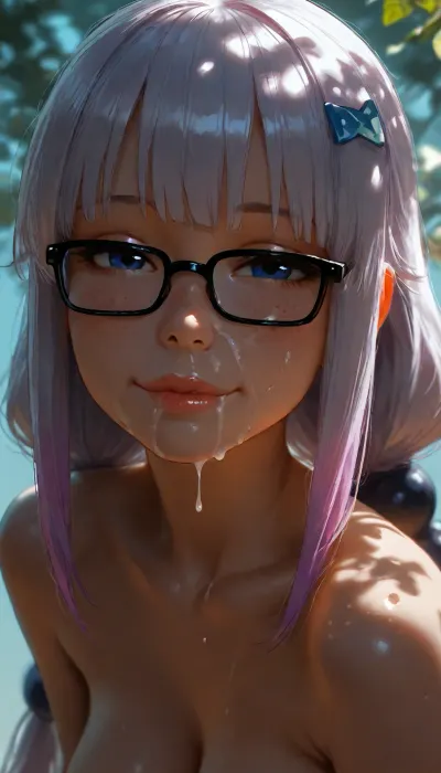 1girl, Kanna Kamui, nerd glasses. hairclip, sidelocks tied back, solo, smiling, abstract background, aqua background, lips, looking at viewer, seductive, half-closed eyes, cum dripping from side of her mouth, cum on face, Photorealistic, Hyper-detailed, 8k resolution, Sharp focus, Masterpiece, Extremely high fidelity, (perfect detailed face), (high realistic), (extreme realism), (dappled light, dappled sunlight), Natural blemishes, freckles, moles, discolorations, Subsurface scattering, ., <lora:MJ52:1.5>, <lora:attractive_notrigger:1.4>, <lora:BUT_SDXL_SHS:1.2>, <lora:Jeweled eyes-NAI:1.9>, <lora:dark:.9>