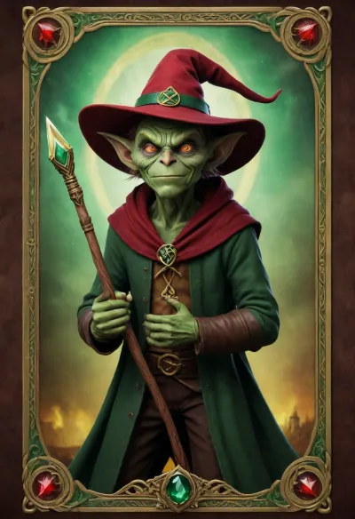 Tarot Card Style, misty background, yellow background, green goblin brown hat holding red staff with emerald green stone, dark brown leather pouch, black pentagram at bottom, sparkle, border gold celtic knot, serch bythol above masterpiece, official art, <lora:DUSK_XL_TAROTCARD_dadapt_cos_5e4:.8>
