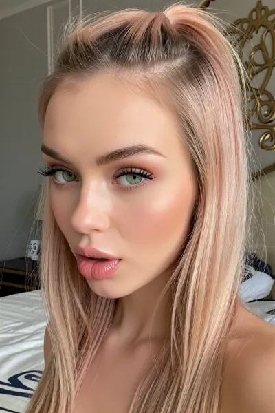 Straight, pastel rose-gold hair with subtle shadow roots. Her hair is styled in a narrow pompadour section brushed directly straight back off the forehead into a high perky ponytail at the crown, clear bare forehead, the remainder of her straight hair hangs naturally down around her neck and shoulders behind the face., (close-up intimate candid snapshot of a horny 24yo woman with a retro 90s style), (large pale-green eyes framed by long thick eyelashes in a sultry lust-filled expression), (soft oval lips with pillowy creases, decorated in a shiny wet-look gloss), (luxurious modern bedroom with uncluttered tasteful decor)