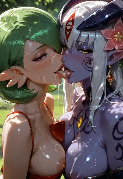 2girls, cum on nose, (facial), upper body shot. view from front above, alipheese XVI fateburn, lamia with purple skin, Gardevoir from Pokemon. Both are wearing their outfits, one breast is naked and out of dress. upper body photo, kissing tongues, saliva, open mouth, tongue out, lips, licking, SMILE, seductive, half-closed eyes, cum dripping from side of mouth, cum dripping from tongue, facial, FACIAL CUMSHOT. CUM ON FOREHEAD. smile, horny face, naughty face, blushing, (dappled light, dappled sunlight), Dripping cum., cum on shoulders . Cum on neck., (perfect detailed face), (perfect mouth), (perfect lips), cum on tongue., cum dripping from side of her mouth, cum on small tits, cum on shoulders . Cum on neck. cum on nose, ___________Photorealistic, Hyper-detailed, 8k resolution, Sharp focus, Masterpiece, Extremely high fidelity, (high realistic), (extreme realism), Natural blemishes, freckles, moles, discolorations, Subsurface scattering, ., young beautiful girls, natural lips., <lora:add-detail-xl:1.2>, <lora:attractive_notrigger:1.2>, <lora:detailed_notrigger:1.2>, <lora:LCMTurboMix_Euler_A_fix:1.2>, <lora:dark:1.2>