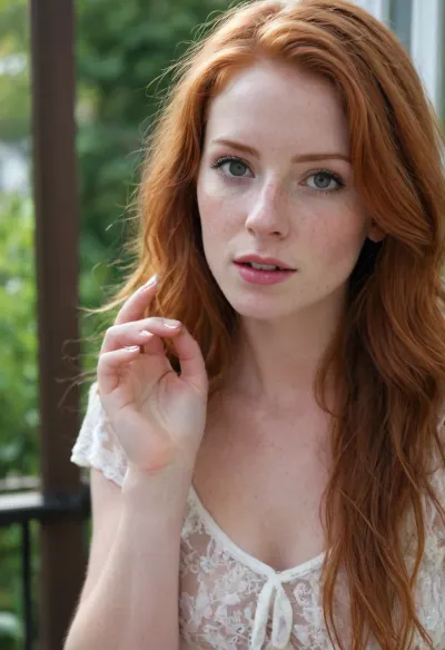petite seductive 26 year old redhead neighbor tempting me from their patio, seen from outside, small tits, cute face, neighbors patio, seen from neighboring house, see through clothing, sheer clothes, beautiful hands, freckles, moles, skin rash, short nails, realistic hands, realistic long hair, beautiful nails, really long messy hair, light tasteful makeup, sunny morning, extremely long hair, very long morning hair, stripping, teasing me, seen from bedroom window, seen from other house, hedge between me and her