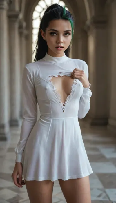 (Nemona from pokemon), masterpiece, highly-detailed, hyper-realistic, score_9, score_8, score_7, realistic details. Innocent church-goer nemona in modest dress. Long sleeve dress, glowing hazel eyes. Dress ripped open showing a nipple and panties, screaming and crying like she's being fucked by an invisible demon