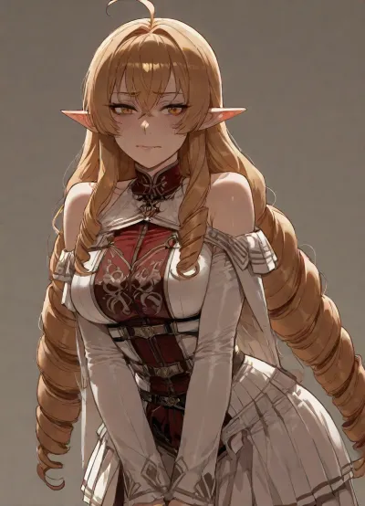 (Ratatatat74 style), (Elinalise, mushoku tensei), solo, (simple background), <lora:ratatatat74-000050:.8>