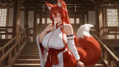 MILF, voluptuous, red head, hair in a ponytail, red lips, black eyeliner, fox ears and tail, shrine maiden out fit, standing at the top of stairs, hand on cheeck, eyes closed, puzzled expression