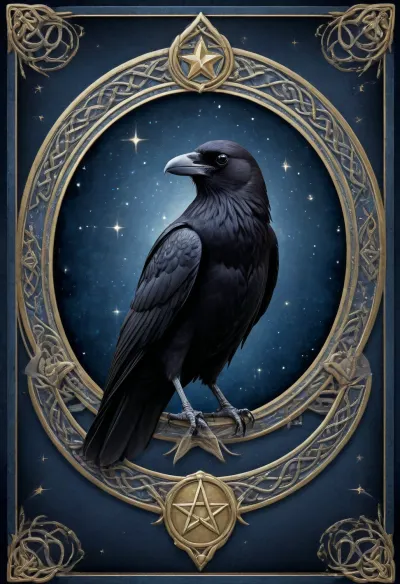 Tarot Card Style, starry background, dark blue background, crow, silver pentagram at bottom, sparkle, border gold celtic knot, serchbythol above masterpiece, official art, <lora:DUSK_XL_TAROTCARD_dadapt_cos_5e4:.8>