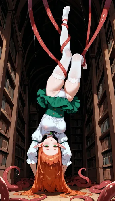 1girl, full vbody view, hot young elf, (petite:1.4), ginger hair, green eyes, big round boobs, standing, in old library, wearing, skirt, white blouse, white stockings, hanging, suspended, upside-down, red tentacles