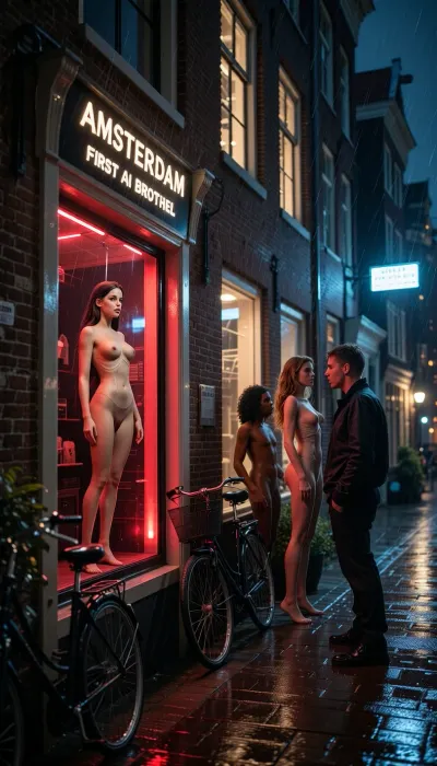 ultra photorealistic cinematic nighttime scene in a narrow historic Amsterdam red light district alley around the year 2040, believable near future rather than exaggerated science fiction, light rain falling through the dark street, wet cobblestones reflecting deep red, amber and cold blue light, old brick canal houses with aged masonry and narrow facades, bicycles leaning against the walls, faint canal reflections farther down the alley, the composition uses a slightly angled street perspective so one display window dominates the immediate foreground while two additional illuminated windows recede behind it, above the row of windows on the old brick facade a refined illuminated sign clearly reads AMSTERDAM FIRST AI BROTHEL, the foreground window is the visual anchor and large enough to show the figure in convincing detail, behind the glass stands a life sized adult female silicone companion doll designed to resemble a 29 years old woman, strikingly beautiful, tall and slender with elegant athletic proportions, long brunette hair, elegant revealing lingerie, a perfect seductive face, highly detailed eyes, lips, lashes and brows, flawless symmetry, inviting expression, absolutely photorealistic yet subtly artificial on close inspection, extremely lifelike silicone skin with translucent depth, faintly uniform pores and slightly too perfect smoothness, the body covered in seamless silicone with no visible hinges, no exposed mechanics and no robotic panel structure, only a few very fine dark slit like articulation hints at the shoulders and hips, with similarly subtle minimal seam traces at major joints, just enough to suggest an advanced manufactured doll rather than a human woman, her posture is impeccably controlled and slightly too precise, warm red and amber interior lighting separates her from the darkness outside, the second window farther down contains a shorter curvy adult silicone escort doll with warm brown skin and voluminous dark curls, the third contains a statuesque adult silicone escort doll with fair skin and long copper red hair, both clearly different in body shape, hairstyle and styling, both equally photorealistic, seductive and perfect faced, their artificial nature conveyed through immaculate silicone texture, idealized beauty and tiny restrained articulation hints rather than obvious mechanical structure, two adult men stand several meters in front of the windows as dark semi silhouetted figures, facing the displays and quietly discussing them, they remain secondary and do not block the windows, strong visual contrast between centuries old Amsterdam architecture and advanced humanoid intimacy technology, deep blacks, saturated red highlights, glossy wet pavement, realistic rain, thin mist, cinematic full frame photography, strong micro contrast, subtle analog grain, believable optical depth, highly detailed glass, brick, silicone, hair, fabric and reflections
