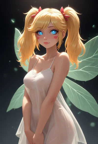 (old milf:1.11), tiny odd little pixie, long spindly arms and mantis-like proportions, no pupils, glowing eyes, anime style, white skin, f/1.4 lens, bokeh, tiny Daisy fairy princess, insect wings, see-through gossamer, in heat, in a video game, bombshell hair, glowing blonde hair, ponytails, view from bottom to top, (owler meets innv style), jack cayless meets reiq style, Star Butterfly, <lora:EnvyPixieXL01:.8>