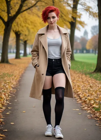 A full-body shot of a red-haired punk woman in her twenties, dressed in an erotic style, she has a coat draped over her shoulders and is wearing sneakers, with one hand in her short, tousled hair. She is walking in a park, wearing over-the-knee socks and sporting a shy smile, her breasts are visible.