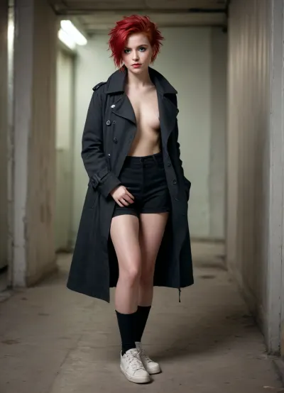 A full-body shot of an erotically dressed, red-haired female punk in her twenties, she has a coat draped over her shoulders and is wearing sneakers, with one hand in her short, tousled hair, a shy smile, visible breasts, and long leggings.