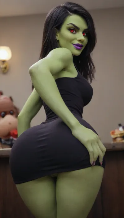woman, (solo, Sexy Gruntilda, Gruntilda, ((green-colored skin:2)), , , long black hair, short black dress, red eyes, purple lipstick:2), (from Banjo & Kazooie:1.5), evil, smile, smug, venus body, hourglass figure, ((focus ass, evil pinup model bent over lifting dress and spreading ass, visible green-colored asshole:1.4)), (detailed inside witch’s bedroom:1.5)