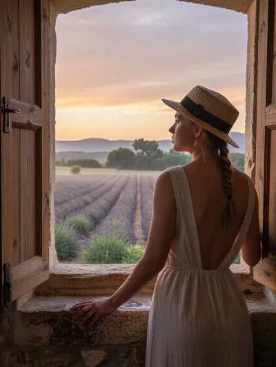A photorealistic, cinematic image of a woman of European appearance standing by a wide, open window of an old stone village house in Provence early in the morning. The young woman gazes into the distance with a calm, pensive expression. Her long hair is braided into a single plait. On her head is a classic straw canotier hat with a narrow brim and a black ribbon. She is wearing a light beige sleeveless linen dress with an open back. One hand rests on a rough stone windowsill with a few drops of water. Open wooden shutters and a stone wall are visible. Outside the window are endless, even rows of blooming lavender with green foliage, and a light morning mist hovers over the fields. On the horizon are hills and trees, and the sky is bathed in the soft pink, orange, and lilac hues of the rising sun. Warm, golden morning light illuminates skin, fabric, wood, and stone. Extremely detailed textures, natural colors, an atmosphere of tranquility and rural idyll—a professional photograph.