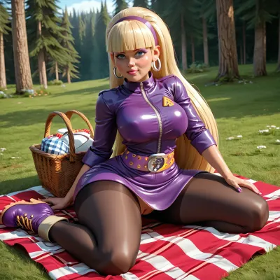 (Pacifica Northwest from Gravity Falls:2), busty proportions, wide hips, blue eyes /, (ultra, HD, quality, details), Pacifica usually wears a purple jacket with a short lavender dress, a periwinkle belt, and black leggings with off-white boots, massive round fake bimbo breasts, tanlines, hyper waist, huge fake bimbo ass, clothing extremely tight, arched back, pale skin, pout, bimbo, clothing too tight, thick thighs, picnic blanket, picnic basket, front side view, very large pussy, detailxl, <lora:add-detail-xl:1.5>
