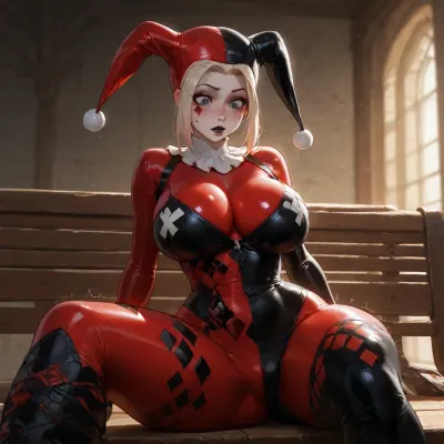 (Classic Harley Quinn:1.6), pale skin, freckles, blue eyes, black lipstick, extremely tight shiny black and red latex jester bodysuit, diamond pattern, high collar, latex gloves, high-heeled latex boots, jester hood, fully covered, busty proportions, wide hips, (ultra, HD, quality, details), sitting on flat park bench, looking down, surprised face, blushing, struggling, closeup view, sunny day, bright lighting, unfocused background, <lora:add-detail-xl:.8>, detailxl, plain_catsuit, <lora:Plain_catsuit:.8>