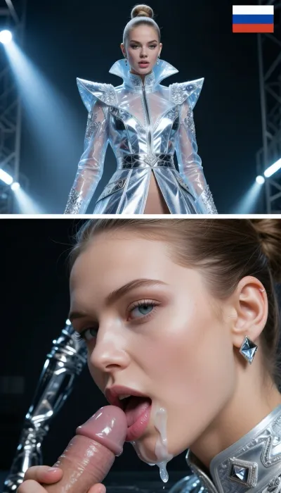 Photorealistic vertical split-screen, top half and bottom half completely independent.

TOP HALF, 8k UHD, highly detailed, sharp focus, professional cinematography, photorealistic, RAW photo, masterpiece, A cinematic wide shot of dramatic atmospheric lighting, High perspective, central composition, erotic lightning, volumetric lighting, 85mm lens, f/1.8, highly detailed skin rendering, hyper-realistic anatomy . Subject, A the most beautiful and attractive Russian jovem girl ever, ela tem 27 anos de idade• 🇷🇺 Russia, The "Ice Queen"• Body Type, Ultra-tall, razor-thin, and skeletal with a rigid, feline runway walk where her arms remain completely still.• Race & Skin Tone, Slavic Caucasian with translucent, cool-toned skin that looks almost icy blue.• Face, Aggressively angular bone structure with razor-sharp cheekbones, pale lips, and piercing, cold gray or light blue eyes.• Hair, Ash blonde or light brown, completely sleek, pulled back into an ultra-tight ballerina bun that lifts her eyes.• The Outfit, A rigid, architectural transparent silver brocade trench-coat dress with exaggerated, sharp square shoulders and a metallic finish that looks like frozen armor. The collar stands high, framing her sharp jawline.• Footwear & Accessories, Thigh-high boots made of mirrored silver chrome leather. She wears sharp, geometric diamond studs and translucent, ice-like resin gloves.She is on an ultimate seductive and extremely erotic pose. Rússia flag on the corner of the photo.

BOTTOM HALF, Three quarters view of the same young woman. Her face, lips and chin are covered with transparent white cum from the first frame and the cum stays on her face the entire time. She greedily kiss the extremely detailed anatomical regular medium cock, looking at the camera with a naughty pleasure expression, moving her mouth on the cock and smearing the cum. quiet pleasure breathing. No counter.

Top half = active flirty gesturing, leaning closer, energetic monologue. Bottom half = only continuous blowjob with permanent cum and pleasure. The two halves never exchange actions, faces, or sound. Strict real-time normal speed.