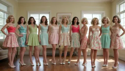 masterpiece, ultra-detailed, cinematic photo, 1950s-60s retro American aesthetic, hyper-polished perfection, fashion magazine style group portrait, wide-angle composition, a lineup of 14 beautiful women standing in coordinated formation, all smiling with immaculate posture and eye contact, each wearing a mid-century inspired floral underwear, colorful patterns, (roses, daisies, tulips), white heels, and pastel-toned accessories, hairstyles are all voluminous curls or perfect updos, makeup elegant and vibrant, setting is a polished wooden floor in a well-lit room, large glass French windows behind them, soft box lighting casting subtle gloss across the dresses and hair, color palette, candy tones, saturated yellows, reds, soft whites and greens, ultra-clean and color-harmonized, mood, surreal perfection, suburban utopia, subtle unease beneath perfection, inspired by Stepford Wives, Barbie Dreamhouse, and fashion propaganda aesthetic of mid-century America.
