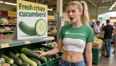 masterpiece, 4K, high detail, high resolution, 19 yo woman, dushi girl, very attractive face, her face is detailed without visual flaws, her nose is anatomically perfect, elegant jawline, standing, she is fully wearing a green shopping mall uniform with framed cucumber slice logo and correctly spelled text "Fresh and Crispy!" and underneath it she wears a white latex tanktop, (her breasts are not exposed), large belly button piercing, she wears jeans, she places a large cucumber in the shelf, light-blonde hair in a ponytail, a silver necklace, open mouth with surprised expression, energetic pose, (there is an advertisement sign on the shelf with sharp correctly spelled letters "Fresh crispy cucumbers" underneath is a curved cucumber with a cucumber slice), The environment is an open air food market with food shelves in the background, she is standing next to a food crate with lots of freshly harvested cucumbers, shopping people in the supermarket, Natural light illuminates the scene, casting soft shadows. The colors are muted and natural, with greens and yellows dominating the palette, The overall mood is casual, friendly and indoorsy, The composition is a full shot, front-level view, she looks at the viewer, showcasing the subject from the side, capturing a relaxed and approachable atmosphere, The perspective is straight-on, displaying a calm and neutral outlook, The textures are smooth and natural on clothing, everything is in sharp focus from the camera.