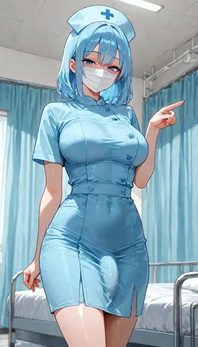 Futanari, solo, short height, light skin, blue hair, blue eyes, small boobs, wear blue coloured nurse dress, wearing mask, standing beside hospital bed, showing curves, pointing to a room at side, blushing, looking down at viewer on bed, in public, in hospital, <lora:add-detail-xl:1.2>, <lora:attractive_notrigger:1.2>, <lora:detailed_notrigger:1.2>, <lora:LCMTurboMix_Euler_A_fix:1.2>