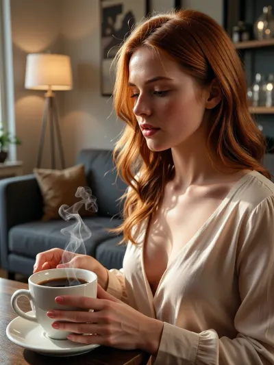 Premium coffee advertising shoot, photorealistic, stylish redhead woman in her late twenties, cozy refined café or modern apartment, warm morning light, holding or reaching for a steaming cup of coffee, coffee cup as hero product, relaxed elegant clothing, calm thoughtful expression, visible steam, soft golden sunlight, intimate lifestyle commercial aesthetic, realistic hands, clean composition, high detail