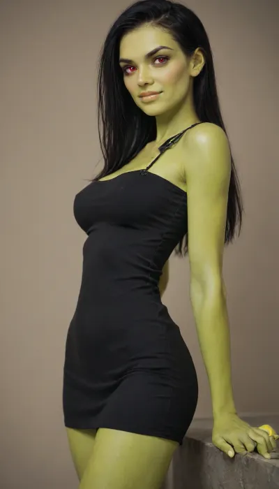 woman, (solo, Sexy Gruntilda, Gruntilda, lime green skin, long black hair, short black dress, red eyes:2), from Banjo & Kazooie, evil, smile, smug, busty