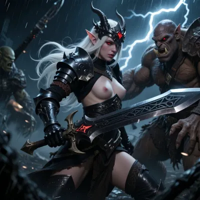 Elric stormbringer, as a beautiful female albino with red eyes and white hair and skin, skinny, elegant, pointed ears, small breasts with stiff nipples, in black plate armor with a dragon helmet, wielding a large twohanded black rune sword that steals souls, in a battle with giant orcish brutes, dynamic epic pose, delivering a killing stroke in a storm with rain sleeting down and lightning flashes providing the only illumination at night
