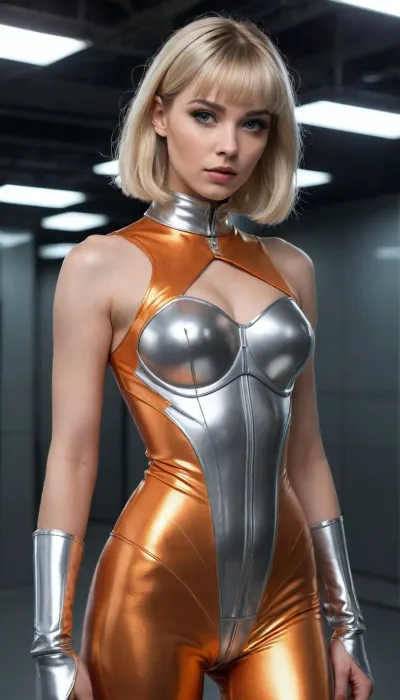 A captivating image showcases a woman in a striking retro-futuristic, high-fashion aesthetic. She has blonde hair styled in a sharp bob with blunt bangs and wears dramatic winged eyeliner, her gaze direct and confident. Her expression is enigmatic, almost resembling an android or highly sophisticated doll. She is dressed in a form-fitting, sleeveless jumpsuit or catsuit made of a glossy, vibrant orange material, likely or vinyl, which reflects light to create sleek highlights and contours across her body. The outfit features defined shoulder lines, giving it a structured, modern silhouette. Adorning her neck is a substantial, silver-toned metallic choker, intricately detailed with geometric, almost circuit-board-like patterns. This is complemented by a wide, elaborately sculpted silver waistpiece, resembling a futuristic corset or armor. This metallic component is highly reflective, structured with interlocking segments, and dramatically cinches her waist, emphasizing an hourglass figure. Her pose is upright and self-assured, with a slight turn of her body, but her head is squarely facing the viewer. In the softly lit, minimalist background, a man in a dark suit is partially visible on the left, holding papers, providing a contrast of conventionality against her avant-garde attire. The setting suggests a sophisticated, possibly corporate or institutional, sci-fi environment.