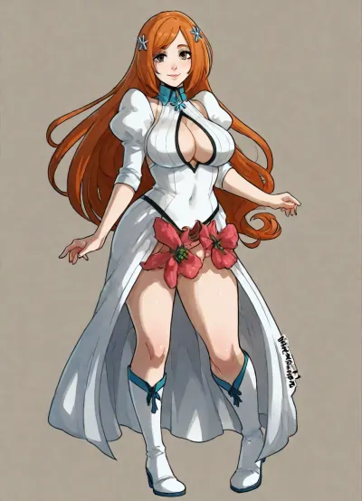 (Kinkymation style), (inoue_orihime), solo, simple background