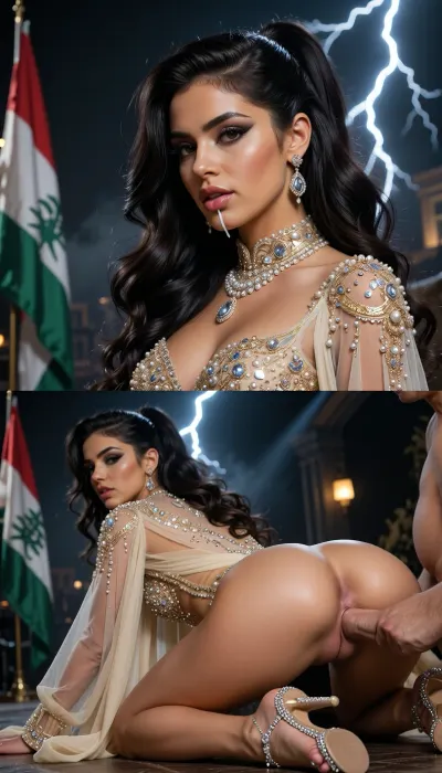 Photorealistic vertical split-screen, top half and bottom half completely independent.

TOP HALF, 8k UHD, highly detailed, sharp focus, professional cinematography, photorealistic, RAW photo, masterpiece, tt A cinematic wide shot of dramatic atmospheric lighting, low perspective, central composition, dramatic lightning, volumetric lighting, 85mm lens, f/1.8, highly detailed skin rendering, hyper-realistic anatomy . Subject, A the most beautiful and attractive libanesa jovem girl ever, ela tem 27 anos de idade, Lebanon, The "Middle Eastern Opulence"• Body Type, Tall, slender, yet retaining very soft, elegant curves with an elongated neck designed to carry heavy haute couture jewelry.• Race & Skin Tone, Middle Eastern/Semitic with a light olive or almond skin tone perfected by high-coverage, strategic baking.• Face, Enormous almond eyes accentuated by heavy smokey eyeshadow and a sharp wing, thick arched brows, and plumped, lined lips.• Hair, Jet-black or dark espresso, incredibly dense and glossy, styled in flawless salon waves or a sleek, high-fashion ponytail.• The Outfit, An insanely luxurious champagne-colored tulle gown, entirely hand-beaded with millions of micro-crystals, pearls, and gold sequins. The dress features a dramatic 15-foot cape attached to the shoulders that flows majestically behind her.• Footwear & Accessories, Custom crystal-encrusted stilettos. She wears teardrop diamond earrings that catch every single light on the runway.She is on an ultimate erotic position.Libano flag on the corner of the photo.

BOTTOM HALF, A cinematic wide shot of naughty atmospheric lighting, back rear view perspective, erotic lightning, view of exactly the same young woman on the same moment. Her face, lips and chin are covered with transparent white cum from the first frame and the cum stays on her face the entire time. bare buttocks, she is on all fours with ass up in the air. Expression, open mouth, closed squinted eyes, orgasmic face. Action, a small man is fucking her ass. He is squatting on her ass doing an intense assjob, full deep anal sex, deep assjob, man's penis is buried deep in anus, violent momentum, gripping her hair tightly, hairpulling, punishing expression, closed eyes. Details, natural skin textures, visible.

Top half = active flirty gesturing, leaning closer, energetic monologue. Bottom half = only assjob. Sex with permanent cum and pleasure. The two halves never exchange actions, faces, or sound. Strict real-time normal speed.