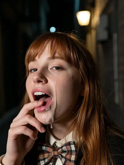 22 year old woman, face closeup, teeth, lips, cute nose, oval face, ginger hair with colouring containing a bow tie, minimal makeup, blunt bangs, pale skin, cute, freckles, realistic dry skin, pulling side of mouth open with one hooked finger revealing cheek and teeth, pulling cheek outward and stretching lips to the side revealing teeth and inner mouth, face plastered in cum, strands of cum ejaculated onto her face, cum in mouth, seedy street alley background blurred, A nocturnal experimental 35mm photograph with an almost completely restricted color palette, deep black, dirty amber, and tiny fragments of muted orange. Shot on grainy tungsten-balanced film pushed several stops beyond its intended exposure, producing heavy grain, dense shadows, and unstable color. A single sodium-light illuminates the subject from somewhere, creating a small island of sickly amber light surrounded by absolute darkness. Nearly every color has been removed except the yellow-orange glow of the lamp. Extreme contrast causes the background to collapse into pure black while highlights flare aggressively and bloom into amber halation. A 50mm lens isolates the subject with shallow focus, Damp air and faint fog catch the streetlamp, creating a thin glowing aura.Heavy underexposure, pushed grain, slight camera shake, and uneven development evoke a damaged underground photograph from the 1980s. Lonely, dangerous, surreal, and deeply nocturnal.