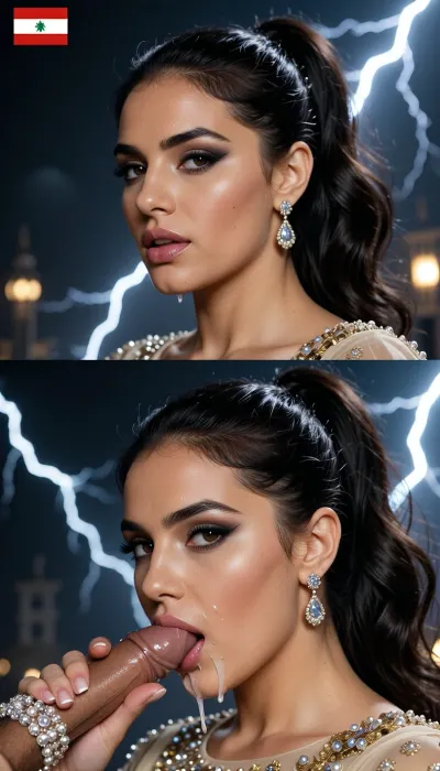 Photorealistic vertical split-screen, top half and bottom half completely independent.

TOP HALF, 8k UHD, highly detailed, sharp focus, professional cinematography, photorealistic, RAW photo, masterpiece, tt A cinematic wide shot of dramatic atmospheric lighting, low perspective, central composition, dramatic lightning, volumetric lighting, 85mm lens, f/1.8, highly detailed skin rendering, hyper-realistic anatomy . Subject, A the most beautiful and attractive libanesa jovem girl ever, ela tem 27 anos de idade, Lebanon, The "Middle Eastern Opulence"• Body Type, Tall, slender, yet retaining very soft, elegant curves with an elongated neck designed to carry heavy haute couture jewelry.• Race & Skin Tone, Middle Eastern/Semitic with a light olive or almond skin tone perfected by high-coverage, strategic baking.• Face, Enormous almond eyes accentuated by heavy smokey eyeshadow and a sharp wing, thick arched brows, and plumped, lined lips.• Hair, Jet-black or dark espresso, incredibly dense and glossy, styled in flawless salon waves or a sleek, high-fashion ponytail.• The Outfit, An insanely luxurious champagne-colored tulle gown, entirely hand-beaded with millions of micro-crystals, pearls, and gold sequins. The dress features a dramatic 15-foot cape attached to the shoulders that flows majestically behind her.• Footwear & Accessories, Custom crystal-encrusted stilettos. She wears teardrop diamond earrings that catch every single light on the runway. She is on an ultimate erotic position.Libano flag on the corner of the perfect photo.

BOTTOM HALF, A cinematic wide shot of dramatic atmospheric lighting, High perspective, erotic lightning, Three quarters view of exactly the same young woman on the same moment. Her face, lips and chin are covered with transparent white cum from the first frame and the cum stays on her face the entire time. She greedily kiss the extremely detailed anatomical perfect regular medium cock, looking at the camera with a naughty pleasure expression, sliding her mouth on the cock and smearing the cum. quiet pleasure breathing. No counter.

Top half = active flirty gesturing, leaning closer, energetic monologue. Bottom half = only continuous blowjob with permanent cum and pleasure. The two halves never exchange actions, faces, or sound. Strict real-time normal speed.