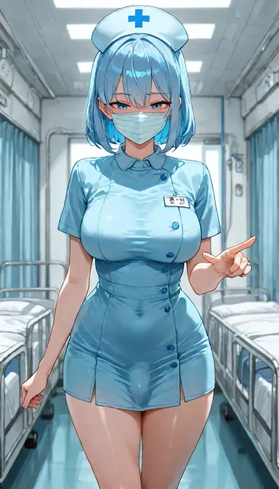 Futanari, solo, short height, light skin, blue hair, blue eyes, small boobs, wear blue coloured nurse dress, wearing mask, standing beside hospital bed, showing curves, pointing to a room at side, blushing, looking down at viewer on bed, in public, in hospital, <lora:add-detail-xl:1.2>, <lora:attractive_notrigger:1.2>, <lora:detailed_notrigger:1.2>, <lora:LCMTurboMix_Euler_A_fix:1.2>