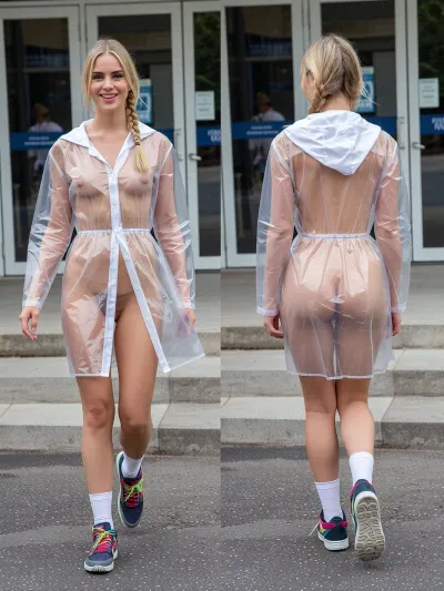 Two side-by-side images. At the university. Outside. In the first image, A woman, looking very cheerful, is walking toward the camera. She is naked except for a clear plastic coat buttoned all the way up, white ankle socks, and colorful sneakers. She has blonde hair and a braid. In the second image, the exact same woman, in the same spot, wearing the same outfit, but seen from behind.