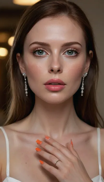 Full body photo, Scandinavian Goddess beuatiful 30 years old elegant woman.caucasian woman.erotic model.She has very white and pale skin porseline skin texture, fit body, big green eyes, longh lenght straight brown hair, slender and thin facial texture, sharp facial texture, long-faced and pointed, very reastic face, full lips, pink lipstick, very realistic, light make up soft femminen lines, shiny orange nails, sharp-eyed, small luxury earrings, big wedding rings on her finger, wearing a sexy costume of latex porn star, lobby of luxury hotel, night, freckles, masterpiece, highest quality, insanely detailed photo, detailed skin texture