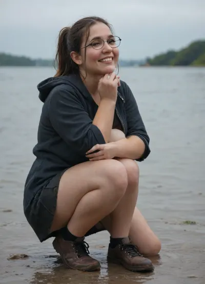 The air is warm and humid, and on the bank of the small river lies a wide, muddy patch, softened by the rain of the last few days. A young, plump Black woman in everyday clothes – a loose-fitting parka, a knee-length fabric skirt, sturdy shoes – is just taking a step too close to the slippery edge.

Her foot slips.

The moment she loses her balance, her body tenses reflexively. Her arms shoot forward, her upper body lurches across the slippery surface, and she falls face-down into the mud. The impact is soft but loud, a dull splash, followed by a wide spray shooting out in all directions.

The mud splashes over her jacket, over her shoulders, even a little onto her face. Her parka is left with a large, dark streak of mud across the front. A few drops land on her forehead, and a fine spatter even hits her glasses, which are askew.

For a moment, she simply lies there, taken by surprise, caught halfway between shock and laughter. Then she lifts her head, and a broad, genuine grin breaks through. She laughs at herself, at the embarrassing but somehow funny fall, whilst the mud slowly runs down her clothes.

The scene looks like a spontaneous still from a comedy series, a mishap that doesn’t hurt anyone, but brings a smile to everyone’s face., plump, skindentation, chubby, bbw, venus, body, big, breasts, ass, <lora:Chubby BBW - XL:2>