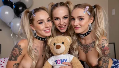 2 skinny blondes playing with a stuffed animal happy beautiful anorexic freckled female in twintails, lots of tattoos, spiked leather choker, anorexic, fit, reveals pussy, choker, big wide open eyes, oversized plastic costume jewelry, hair barrettes hair accessories, fit body, colored hair, soft natural lighting, at prom, prom balloons, professional lighting, dressed in pajamas, stuffed animal has "TONY" teeshirt, flirty smile