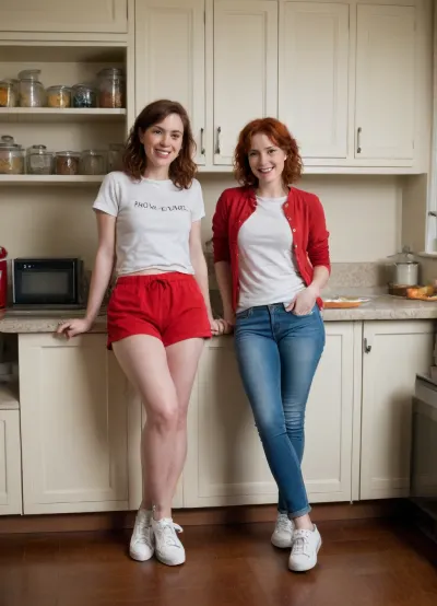 A wide shot of a kitchen featuring two young women. The first, the central figure leaning back against the counter, is a smiling woman in her thirties with short, dark hair. The second presents a different look—she is younger, freckled, and red-haired, she appears shy and is wearing sneakers.