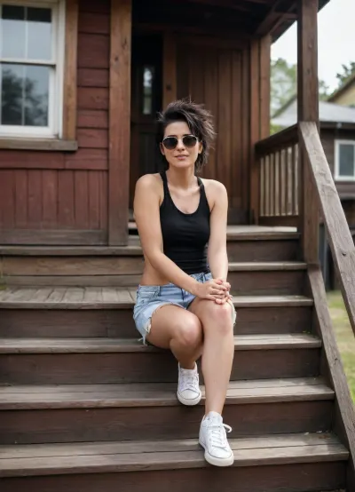 Use this exact prompt, without any changes or additions, a full-body shot of a disheveled, black-haired punk woman in her thirties wearing sneakers. She is walking near a charming, rustic wooden house with a shy smile, wearing mirrored sunglasses, she sits on the steps, and white panties are visible beneath her micro-skirt.