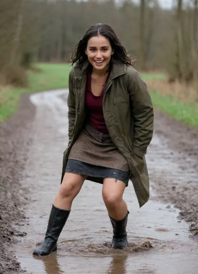 The air is warm and humid, and on the bank of the small river lies a wide, muddy patch, softened by the rain of the last few days. A young, plump Black woman in everyday clothes – a loose-fitting parka, a knee-length fabric skirt, sturdy shoes – is just taking a step too close to the slippery edge.

Her foot slips.

The moment she loses her balance, her body tenses reflexively. Her arms shoot forward, her upper body lurches across the slippery surface, and she falls face-down into the mud. The impact is soft but loud, a dull splash, followed by a wide spray shooting out in all directions.

The mud splashes over her jacket, over her shoulders, even a little onto her face. Her parka is left with a large, dark streak of mud across the front. A few drops land on her forehead, and a fine spatter even hits her glasses, which are askew.

For a moment, she simply lies there, taken by surprise, caught halfway between shock and laughter. Then she lifts her head, and a broad, genuine grin breaks through. She laughs at herself, at the embarrassing but somehow funny fall, whilst the mud slowly runs down her clothes.

The scene looks like a spontaneous still from a comedy series, a mishap that doesn’t hurt anyone, but brings a smile to everyone’s face.