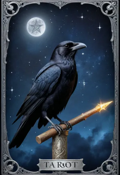 Tarot Card Style, starry background, dark blue background, crow, silver pentagram at bottom, sparkle, border runes, serchbythol above masterpiece, official art, <lora:DUSK_XL_TAROTCARD_dadapt_cos_5e4:.8>