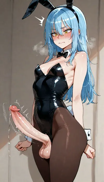 (Ratatatat74 style), masterpiece, cel-shaded, (Rimuru tempest, blushing, small breasts, futanari, huge cock, bunny suit), solo, (erection, throbbing cock, motion lines, dripping precum), <lora:add-detail-xl:1.2>, <lora:attractive_notrigger:1.2>, <lora:detailed_notrigger:1.2>, <lora:LCMTurboMix_Euler_A_fix:1.2>