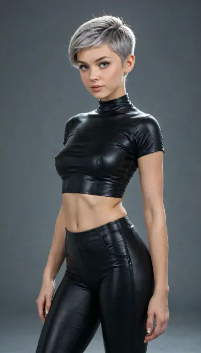 Woman with tight vinyl leather blouse and pants, silver hair, (pixie haircut:1.5)