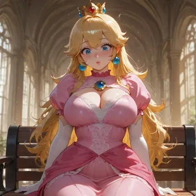 ((Princess Peach from "Nintendo")), ((Princess peach hairstyle)), (gold crown with jewels), messy hair, very pale white skin, (ultra pretty high detail face), busty proportions, wide hips, (ultra, HD, quality, details), sitting on flat park bench, looking down, surprised face, blushing, struggling, large boobs, closeup view, sunny day, bright lighting, unfocused background, <lora:add-detail-xl:.8>, detailxl, princess, dress, <lora:xl_princess_dress-2.0:.8>