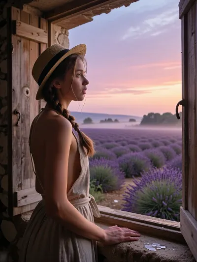 A photorealistic, cinematic image of a young woman of European appearance standing by a wide, open window of an old stone village house in Provence early in the morning. The young woman gazes into the distance with a calm, pensive expression. Her long hair is braided into a single plait. On her head is a classic straw canotier hat with a narrow brim and a black ribbon. She is wearing a light beige sleeveless linen dress with an open back. One hand rests on a rough stone windowsill with a few drops of water. Open wooden shutters and a stone wall are visible. Outside the window are endless, even rows of blooming lavender with green foliage, and a light morning mist hovers over the fields. On the horizon are hills and trees, and the sky is bathed in the soft pink, orange, and lilac hues of the rising sun. Warm, golden morning light illuminates skin, fabric, wood, and stone. Extremely detailed textures, natural colors, an atmosphere of tranquility and rural idyll—a professional photograph.