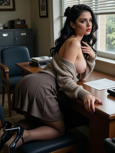score_9, score_8, rating_explicit. Cute woman 27yo, pinned back long wavy black hair, Renee, soulful brown, European, bright makeup with rosy cheeks and ruby-red lips, dark mascara and eyeshadow, glittery purple nail polish, well-built, narrow waist, plump ass, perky breasts, she is a she is a shy and slightly nerdy girly-girl who enjoys playing video games and role-playing, bored expression on her face as she looks out of an office window, side view, leaning forward across her desk to gaze out the window while pushing her ass out to accentuate her firm butt, groping her breast, she is wearing a cozy sweater and long pleated skirt with high heeled shoes and pantyhose, the background is a dimly lit old-fashioned style college office with comfortable chairs and filing cabinets