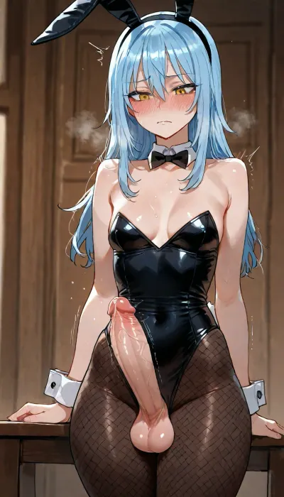 (Ratatatat74 style), masterpiece, cel-shaded, (Rimuru tempest, blushing, small breasts, futanari, huge cock, bunny suit), solo, (erection, throbbing cock, motion lines, dripping precum), <lora:add-detail-xl:1.2>, <lora:attractive_notrigger:1.2>, <lora:detailed_notrigger:1.2>, <lora:LCMTurboMix_Euler_A_fix:1.2>