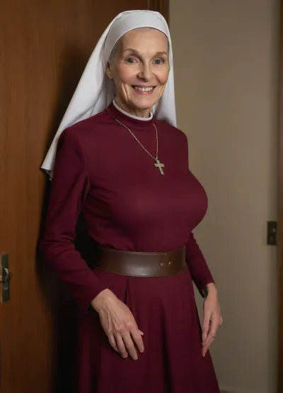 (((raw))), (((candid))), elderly 80 years old nun, (large breasts), thin, slim, modest closed covering skin-tight conservative burgundy nun dress, in a confessional, alone, midnight, horny, kinky, close-up, (secret affair), seductive smile, amorous, arousing, bra's contours subtly show on the fabric of her clothing, She is wearing a thin narrow belt around her waist natural fit, and subtle details