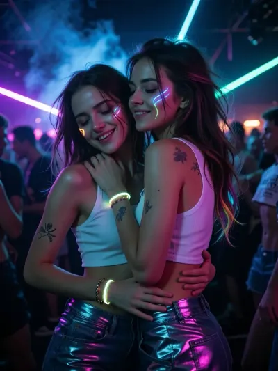 Ultra detailed depiction, professional photograph, realistic, perfect composition of lights, clear focus.
Two girlfriends sharing a joyful, electric moment together in the middle of a rave party.
A striking young woman stands close behind and slightly to the side of her friend, her head leaning in close behind her friend's ear, her face partly hidden by her friend's hair.
Her friend tilts her head back slightly, caught in an amused, knowing laugh, eyes softly closed, a warm genuine smile on her lips.
Their hands rest gently on each other, hands on shoulder and hip, both relaxed and affectionate.
Both women have soft curved lines of glowing neon face paint across their cheeks and temples, catching the surrounding lights, along with small delicate tattoos visible on their shoulders and arms.
They have long, wild, tousled hair with a few colorful streaks catching the neon light.
They wear sleeveless crop tops and high-waisted shorts in bright reflective fabric, small glow bracelets stacked on both wrists.
Around them, a dense crowd of dancers is blurred in motion, illuminated by sweeping colorful stage lights in electric blue, magenta, and green.
Beams of laser light cut through a light haze of stage smoke drifting through the air.
The lighting is dramatic and colorful, strong contrasts between deep shadow and vivid glowing neon light across their faces and skin.
Shallow depth of field, the crowd and lights softly blurred behind them, sharp focus on both faces.