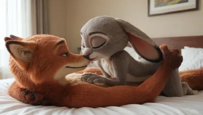 (Furry, Judy Hopps from "Zootopia":1.7), (Furry, Nick Wilde from "Zootopia":1.7), ((Disney)), kissing, cuddling, on bed.