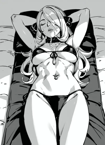 (((black and white sketch))), stylized background, An illustration in a graphic style, 1woman, solo, Cynthia from Pokémon, in bikini, hands behind head, sunbathing, sleeping, on beach, naval piercing, cum on face, <lora:sketch_it:1.2>
